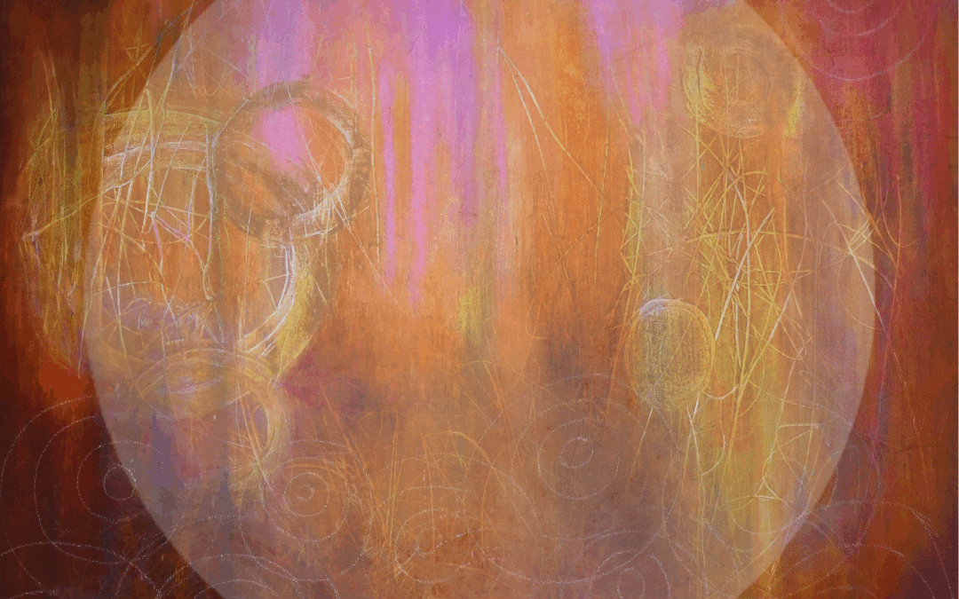 Full moon superimposed over Awakening painting