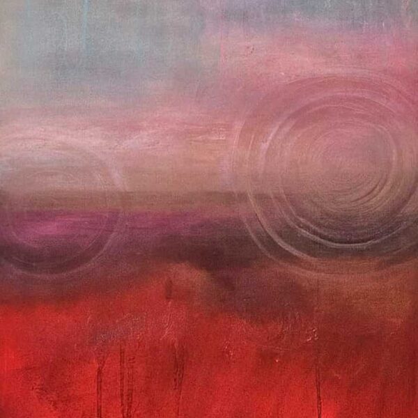 Atmospheric abstract painting with a vivid red lower half, muted grey-pink horizon, and layered circular markings suggesting cycles and continuity.