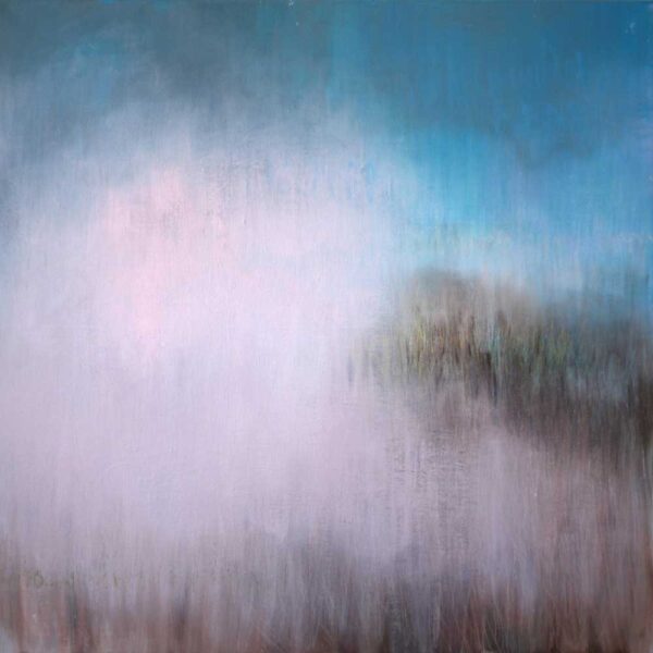 Atmospheric abstract painting in layered blues, pinks, and whites, with a hazy central glow and a faint, blurred horizon line toward the right.